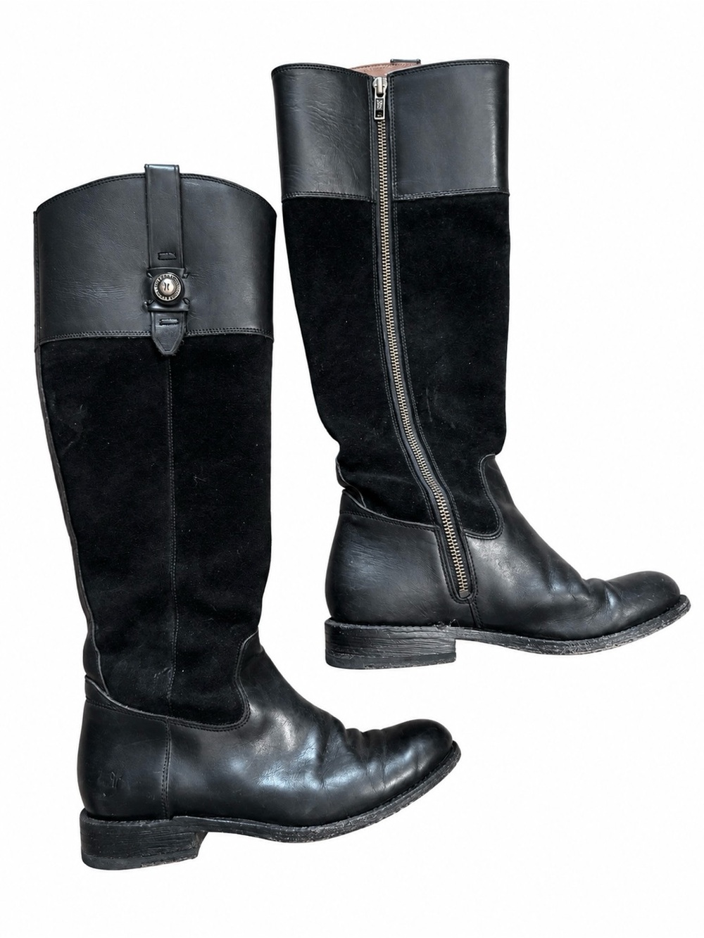 Frye Melissa Button Back Zip Tall Riding Boots Black Suede Leather Size 9B